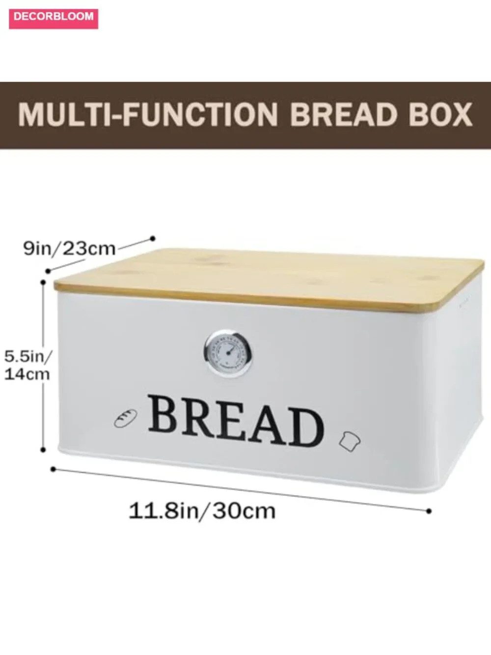 Bread Box with Bamboo Lid Cutting Board Hygrometer